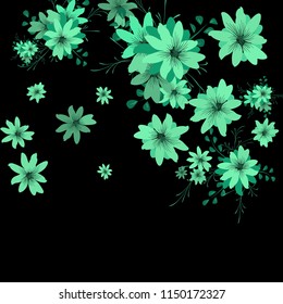 Small Daisy Flowers. Gentle Little Daisies on Black Background. Vector Texture for Banner, Cover, Poster. Trendy Natural Ground in Vintage Style.