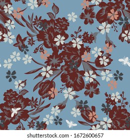 Small daisy flowers ornament with tulips and garden flowers bouquet. Mix of silhouettes and graphic drawing. Mixed floral seamless pattern. Vintage botanical illustration. For textile and fabric.