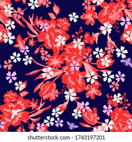 Small daisy flowers ornament with tulips and garden flowers bouquet. Mix of silhouettes and graphic drawing. Mixed floral seamless pattern. Vintage botanical illustration. For textile and fabric.