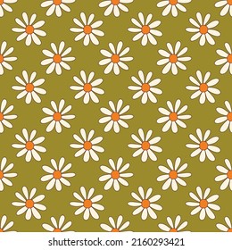 Small daisy flowers seamless pattern on a green background in retro 70s style. Perfect for home decor, wrapping paper fabric and wallpaper design.