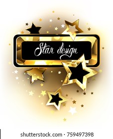 Small dark banner with gold polygonal frame and golden shiny stars on white background.