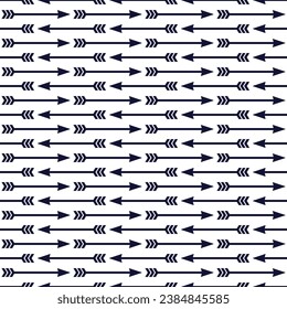 Small dark blue horizontal archery arrows isolated on a white background. Monochrome seamless pattern. Vector simple flat graphic illustration. Texture.