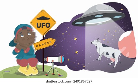 A small dark skinned boy sits next to a warning sign, against the background of a UFO that kidnaps a cow flat illustration