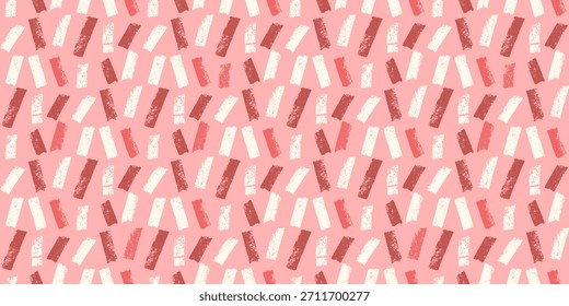 Pequeñas líneas de guion coqueta sin patrón. Diseño de patrón de superficie geométrico hecho a mano girly crayón motivo. Dibujado a mano mini textura de rayas rosas rojas. Vector repetir ilustración de fondo caprichoso.