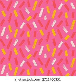 Las Pequeñas líneas de salpicadura espolvorean confeti rosa sin patrón. Diseño de patrón de superficie hecho a mano helado de caramelo motivo de postre. Dibujado a mano mini rayas de textura de niño. Ilustración de fondo de repetición de Vector.