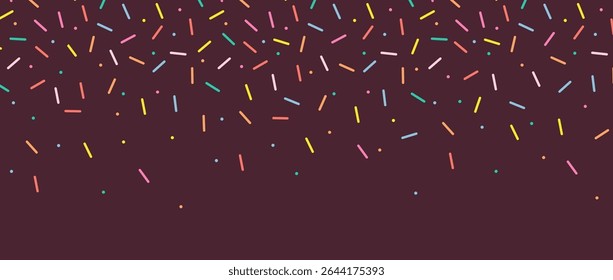 Padrão De Traço Pequeno. Polvilhas decorativas coloridas em queda. Padrão contínuo no fundo de chocolate. Fundo de esmalte roxo. Ilustração de vetor simples.