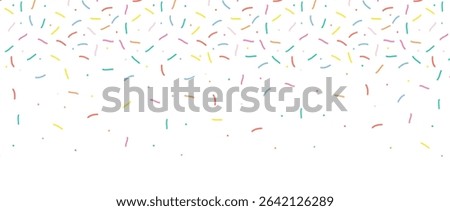 Small Dash Pattern. Colorful falling decorative sprinkles. Seamless pattern on white chocolate background. Donut glaze background. Simple Vector Illustration.