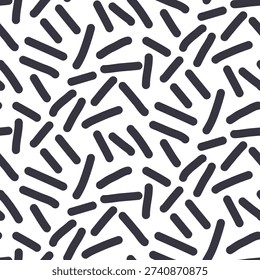 Small dash scrawl monochrome seamless pattern. Black and white scribble sprinkles background. Simple confetti repeated wallpaper. Short lines vector surface design. Spots illustration print design.