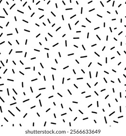 Small dash seamless pattern. Abstract Memphis style background, retro confetti black and white texture, simple geometric shapes, playful design. Perfect for prints, and textiles. Vector illustration