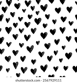 Small dash seamless pattern. Abstract background, black and white texture with hearts. Minimalist and modern design. Perfect for Valentines Day projects, prints, and packaging. Vector illustration.