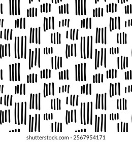 Small dash seamless pattern. Abstract black and white texture inspired by retro Memphis aesthetics. Perfect for branding, home decor, or digital designs. Vector illustration