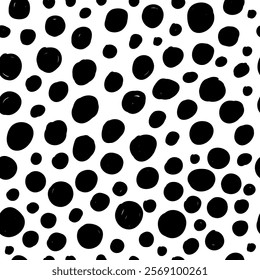 Small dash seamless pattern. Abstract background with doodle circles, black and white texture. Minimalist design, perfect for digital projects, prints, packaging, and scrapbooking. Vector illustration