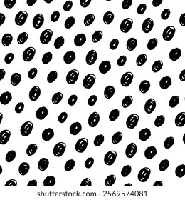 Small dash seamless pattern. Abstract background with doodle circles, black and white texture. Perfect for fabric prints, packaging, scrapbooking, and modern minimalist designs. Vector illustration.