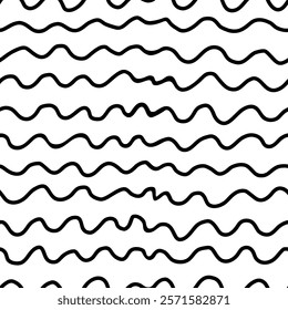 Small dash seamless pattern. Abstract black and white background with wavy hand drawn lines. Minimalist organic texture, great for packaging, fabric prints, and modern decor. Vector illustration