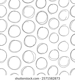 Small dash seamless pattern. Abstract black and white background with hand drawn circles. Minimalist geometric texture, perfect for packaging, fabric prints, and modern decor. Vector illustration