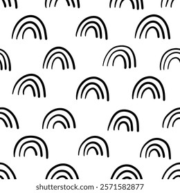 Small dash seamless pattern. Abstract black and white background with hand drawn rainbow shapes. Minimalist playful texture, great for packaging, fabric prints, and modern decor. Vector illustration