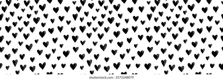 Small dash seamless pattern. Abstract background, black and white texture with hearts. Minimalist and modern design. Perfect for Valentines Day projects, prints, and packaging. Vector illustration.