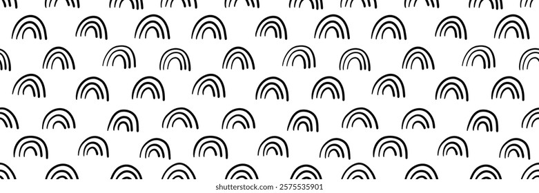 Small dash seamless pattern. Abstract black and white background with hand drawn rainbow shapes. Minimalist playful texture, great for packaging, fabric prints, and modern decor. Vector illustration