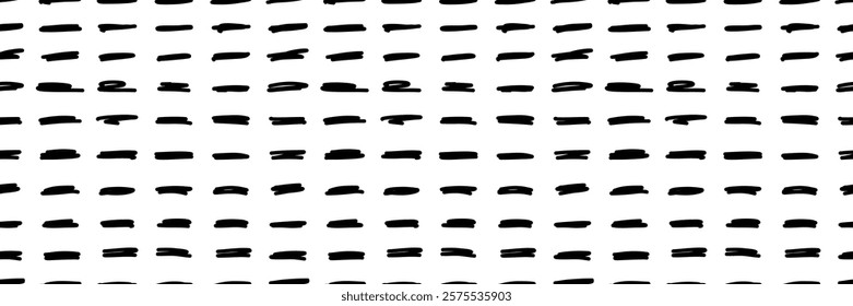 Small dash seamless pattern. Abstract black and white background with horizontal hand drawn dashes. Minimalist geometric texture, perfect for packaging, and textile patterns. Vector illustration