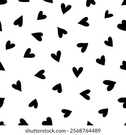 Small dash seamless pattern. Black and white abstract background with hearts. Simple doodle design. Ideal for Valentines Day decor, digital projects, and packaging. Vector illustration