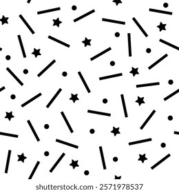 Small dash seamless pattern. Black and white abstract texture with dots, stars, and dashes resembling sprinkle confetti. Perfect for birthday party designs, and cake decorations. Vector illustration.