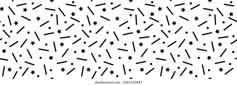 Small dash seamless pattern. Black and white abstract texture with dots, stars, and dashes resembling sprinkle confetti. Perfect for birthday party designs, and cake decorations. Vector illustration.