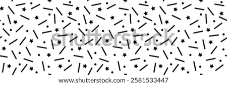 Small dash seamless pattern. Black and white abstract texture with dots, stars, and dashes resembling sprinkle confetti. Perfect for birthday party designs, and cake decorations. Vector illustration.