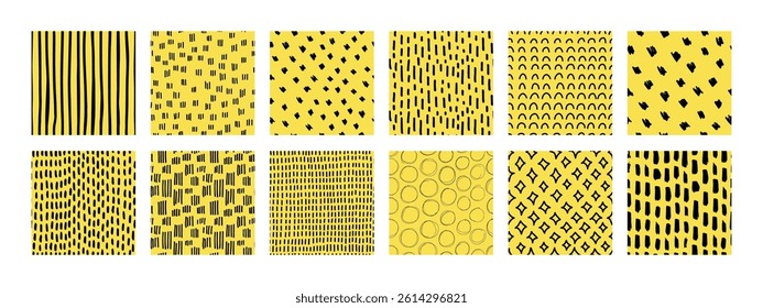 Small dash seamless pattern collection. Set of hand-drawn doodle textures on a yellow background. Cute minimalist textures with stars, lines, circles. Perfect for kids design, fabric, digital paper