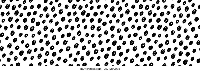 Small dash seamless pattern with polka dots. Hand drawn black circles on a white background create a playful, minimalist design. Perfect for fabric, packaging, and wallpapers. Vector illustration.