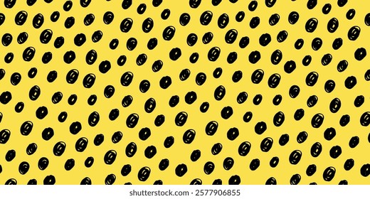 Small dash seamless pattern with polka dots. Hand drawn black circles on a yellow background create a playful, minimalist design. Perfect for fabric, packaging, and wallpapers. Vector illustration.