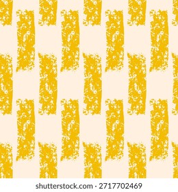Small dash yellow lines seamless pattern. Surface pattern design geometric bricks handmade grid motif. Hand drawn mini streaks texture. Vector repeat crayon pastel background illustration.