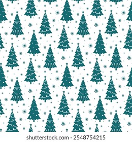 Small decorated green Christmas trees and snowflakes isolated on white background. Cute monochrome seamless pattern. Vector simple flat graphic illustration. Texture.
