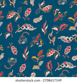 Small decorative botanical shapes scattered on a dark blue background in vector ornamental style. Seamless pattern ideal for surface design and textiles.