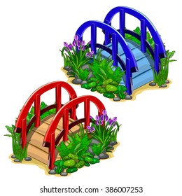 Small decorative the bridge in landscape design isolated on a white background. Cartoon vector close-up illustration.