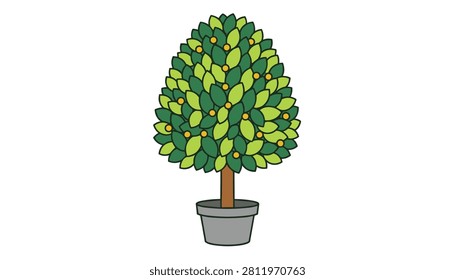 Small decorative citrus tree filled with ripe yellow oranges in a gray pot, perfect for home gardening and interior decoration.