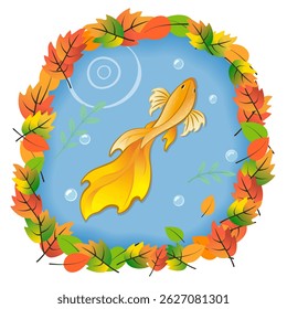 Small decorative golden fish in a pond surrounded by colorful autumn leaves. Isolated on white vector illustration, top view. Perfect for seasonal children's designs.
