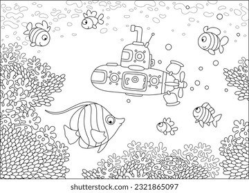 Kleine wissenschaftliche Bathyscape unter lustigen exotischen Fischen auf einem tropischen Korallenriff in einem südlichen Meer, schwarz-weißer Umriss-Vektorgrafik für eine Farbbuchseite