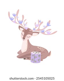 A small  deer sitting with a gift on a white background.Pink and purple flowers bloomed on the deer's antlers. cute animal vector illustration, deer illustration vector,cute deer cartoon illustration