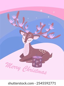 A small  deer sitting with a gift on a snow.Christmas card Merry Christmas.Pink and purple flowers bloomed on the deer's antlers. Winter illustration. Deer on the background of a mountain landscape