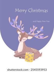 A small  deer sitting with a gift on a blue background.Pink and purple flowers bloomed on the deer's antlers. cute deer cartoon illustration.Christmas card Merry Christmas.