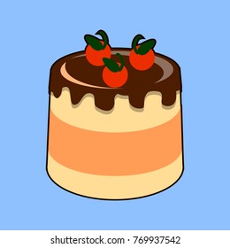 Small delicious cream cake with chocolate glaze with cherry. Flat design, vector illustration EPS10