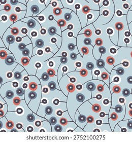 Small and delightful vector seamless elegant floral pattern with mid century motifs. Floral vines on grey blue background. Polka dots and small circles, simple and elegant design