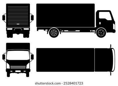 Small delivery truck silhouette on a white background. Vehicle icons set view from the side, front, back, and top