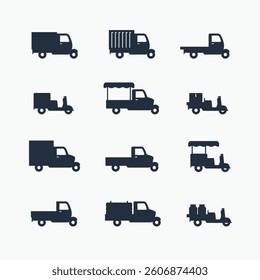 Small delivery vehicle three wheeler scooter icons set side view vector illustration. Food car pickup mini cargo delivery truck sign symbol logo