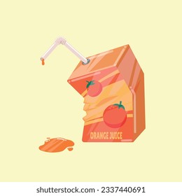 small dented box of orange juice spilling juice