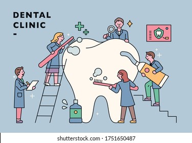 Small dentist characters are treating huge teeth.  flat design style minimal vector illustration.