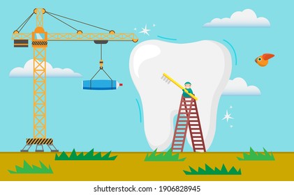 Small dentist people cleaning, treating big tooth plaque and caries hole. Dentistry work concept. Flat vector illustration