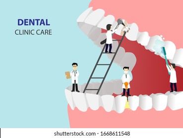 Pequeños dentistas cuidan un diente grande. El equipo de limpieza trabaja . Conceptos de atención de la salud dental, oral y dental, médica y sanitaria. Ilustración vectorial