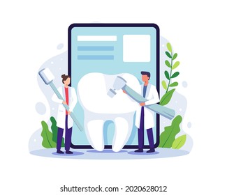 Small dentists cleaning big tooth. Dentist online service, Dentist in uniform treat tooth using medical equipment. Vector illustration in a flat style