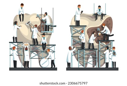 Pequeños dentistas limpiando y tratando grandes dientes no saludables. Doctores cepillando y perforando placa. Caricatura del concepto de la ciencia dental
